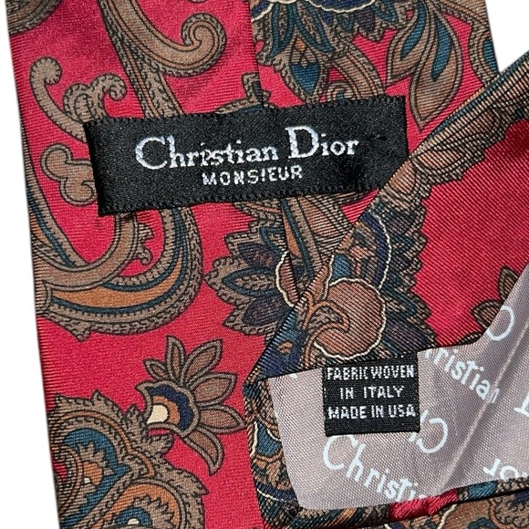 Christian Dior Monsieur Men's USA Made 100% Silk Paisley Tie Red Blue Vintage - Picture 4 of 4